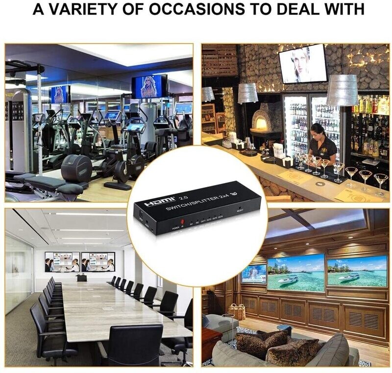 [2x4 HDMI Slitter/Swither (D2)] 4K@60Hz HDMI Audio Extractor Splitter Switcher 2 in 4 Out with Remote, MOYOON 2-Port HDMI Switch