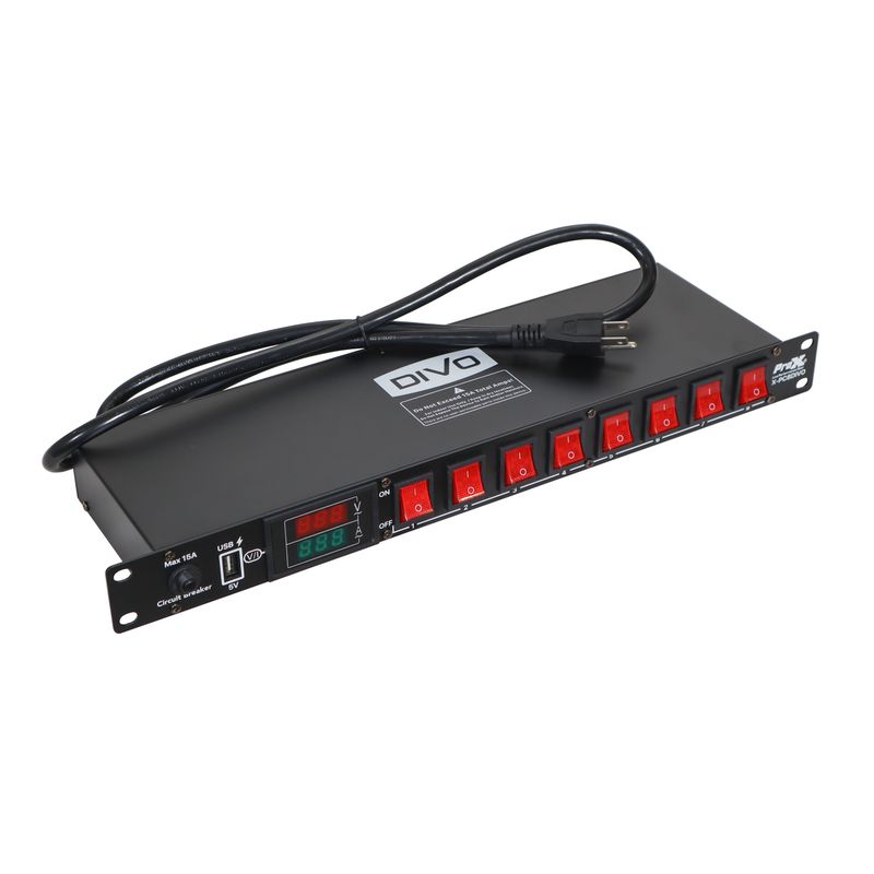 [Pro X X-PC8DIVO] Pro X X-PC8DIVO 8 Way Power Center Power Distribution 1U Rack Mountable LED Lamp 5V USB port On Off LED Toggle Switches
