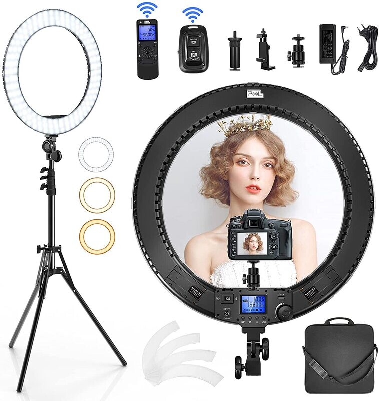 [PIXEL 19 inch Ring Light Kit.] PIXEL 19 inch Ring Light Kit, 60W LED Ring Light with LCD Screen, Support 2.4G Remote and Multiple Lights Control, CRI>97, 3000K-5800K, Tripod Included for Makeup, YouTube Video, Barber, Tiktok Live