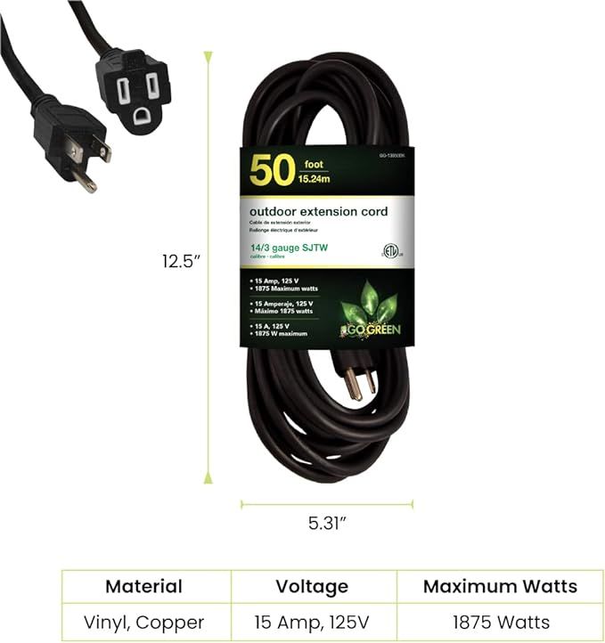 [GG-13750BK (D1)] GO GREEN-13750BK 50' OUTDOOR EXTENSION CORD